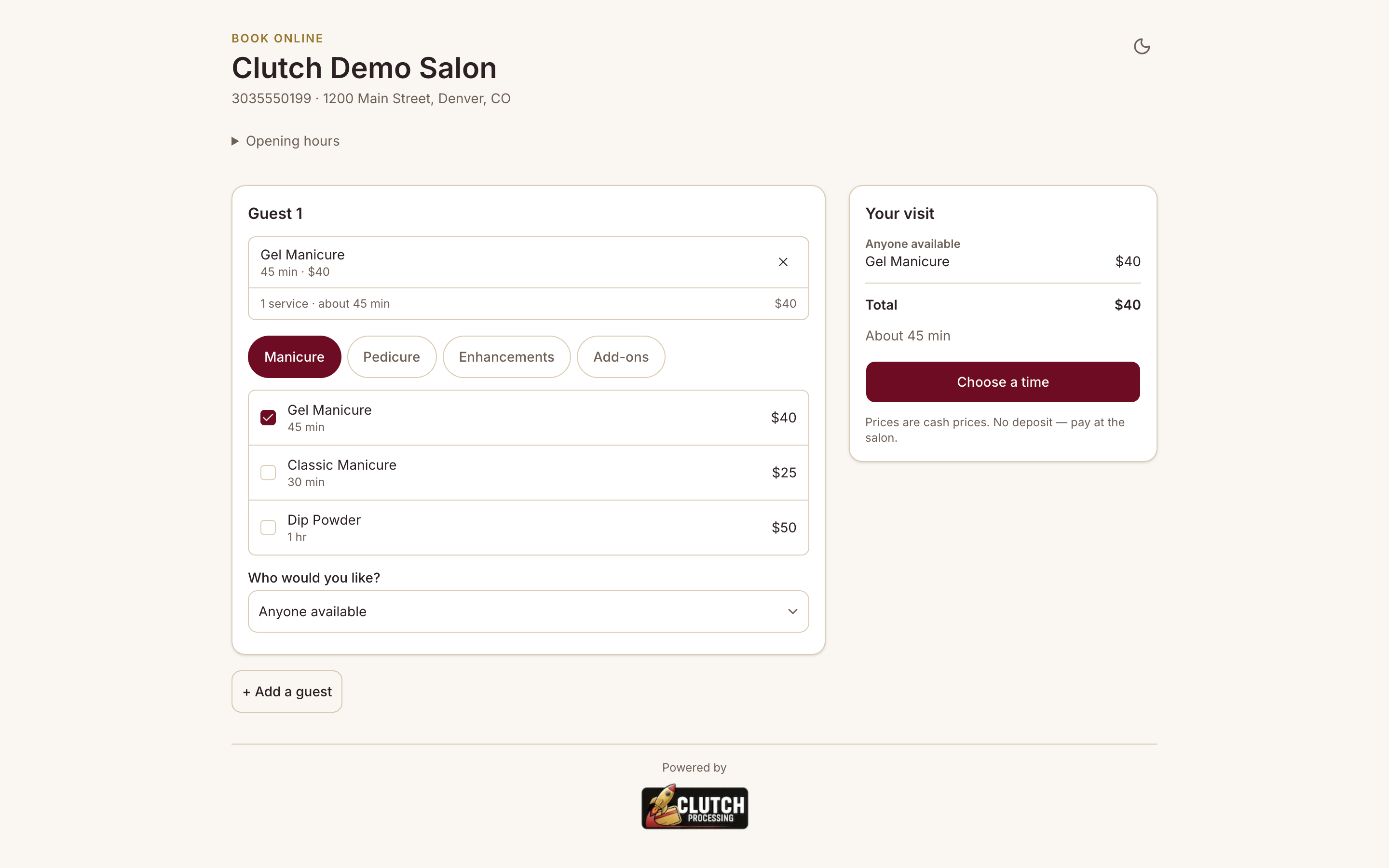 Online booking — the real screen, with made-up names