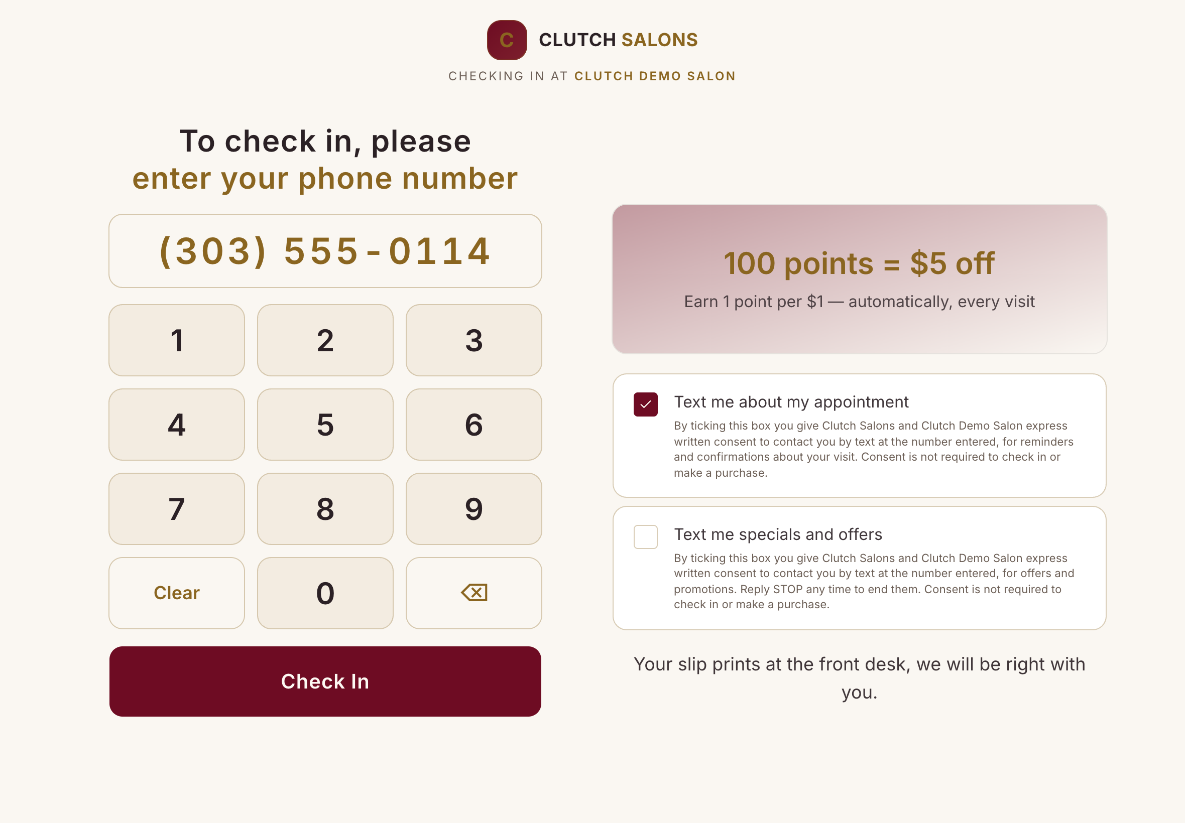 Check-in — the real screen, with made-up names